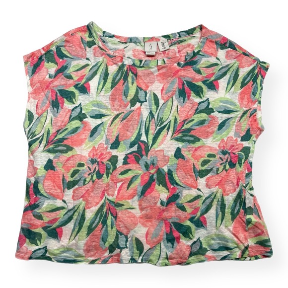 Joie 100% Linen Top Women XL Pink Green Floral Knit Boxy Beachy Popover - Picture 3 of 8